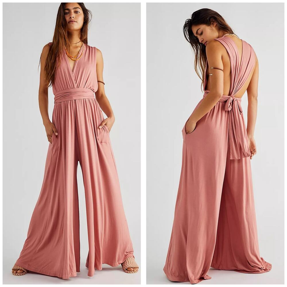 Free People Beach Dani Convertible Jumpsuit Size Medium Pink Maeve Wide Leg Boho